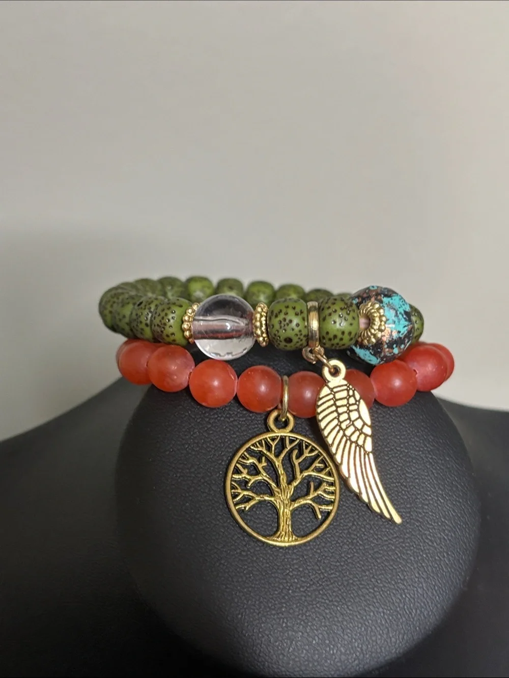 Green Coral Beaded Stack Bracelet Set Stone Gold Tree & Wing Charms Stretch
